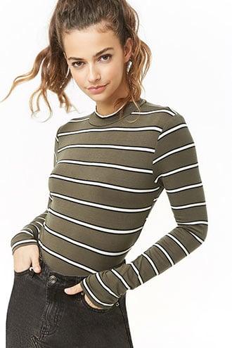 Forever 21 Striped Mock Neck Top , Olive/black