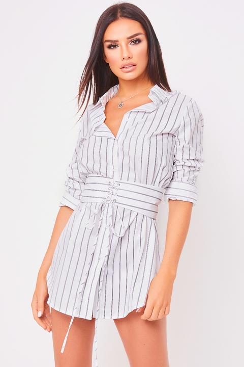 Alysia White Corset Belt Detail Stripe Shirt Dress