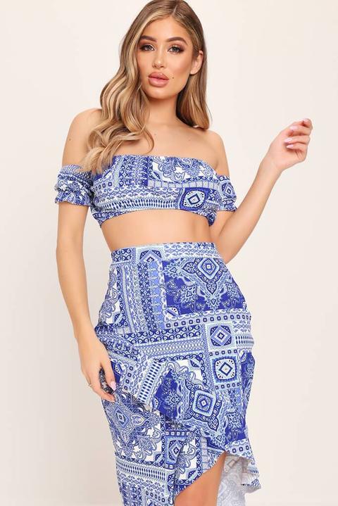 Blue Bardot Porcelain Print Crop Top