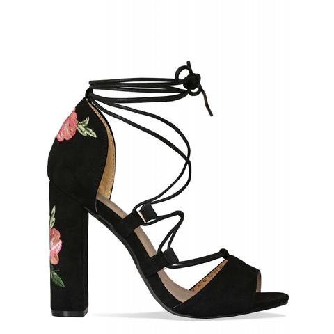 Reina Black Suede Floral Lace Up Heels