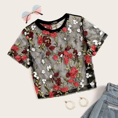 Flower Embroidered Crop Mesh Top