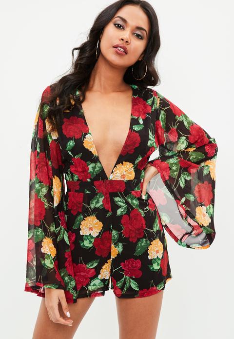 Black Printed Plunge Kimono Sleeve Playsuit