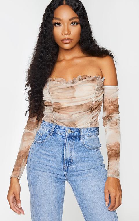 Nude Smoke Printed Mesh Ruched Bardot Bodysuit