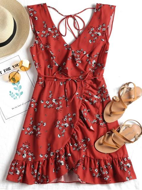 Vestido Escote Pronunciado Con Volantes Y Cinturón Blue Floral Red