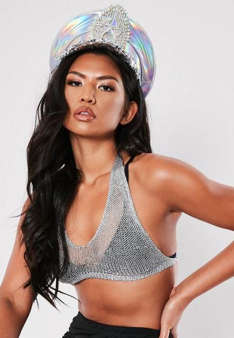 Savage Rainbow Silver Look Iridescent Military Hat, Silver