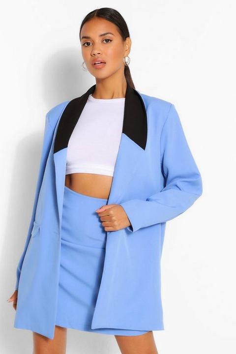 Womens Contrast Collar Longline Blazer - Blue - 12, Blue