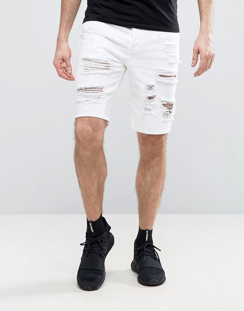 Asos - Pantaloncini Di Jeans Slim Bianchi Con Strappi Vistosi - Bianco