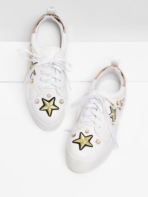 Embroidery Star Pu Sneakers With Faux Pearl