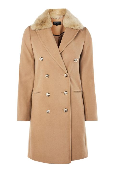 Womens Faux Fur Collar Coat - Camel, Camel