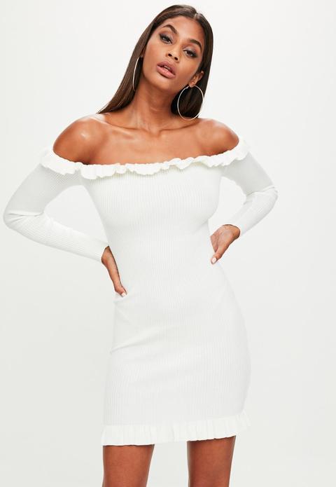 Ivory Frill Bardot Knitted Mini Dress, Ivory