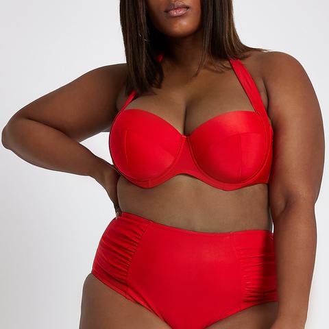 Plus Red Balconette Halter Neck Bikini Top