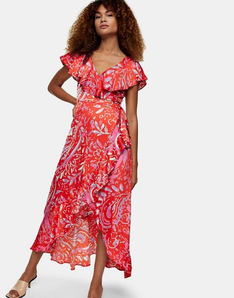 Vestido Midi Rojo Estampado Con Detalle Cruzado De Topshop
