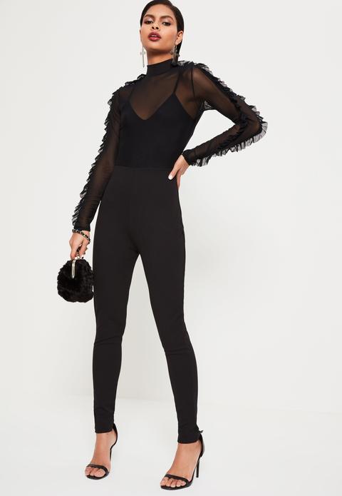 Black Mesh Top Frill Sleeve Jumpsuit