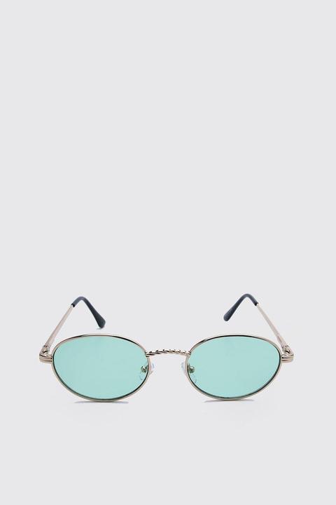 Mens Green Pastel Vintage Look Oval Sunglasses, Green