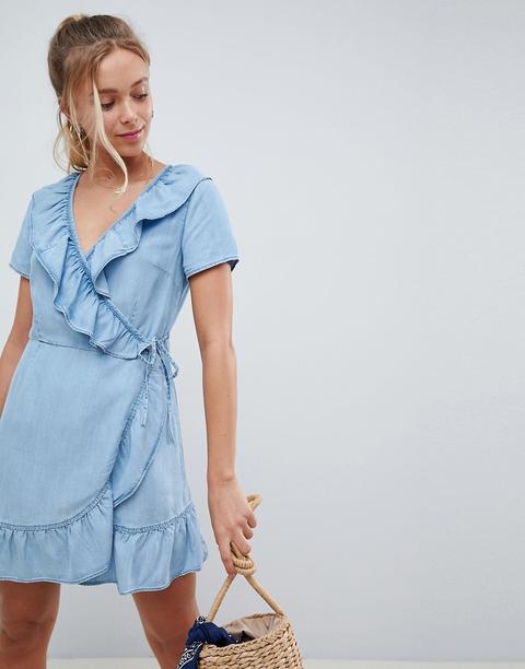 Asos Design - Vestito A Portafoglio In Denim Con Ruches - Blu