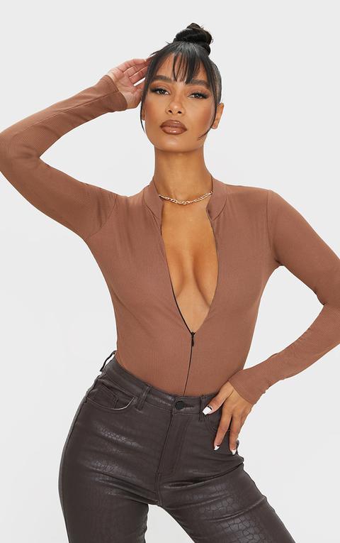 Brown Rib Zip Up Long Sleeve Bodysuit