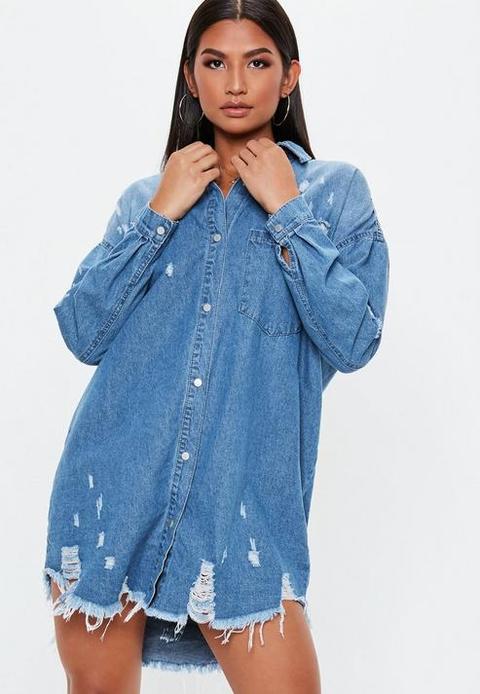 Blue Bleachwash Distressed Denim Shirt Dress, Blue