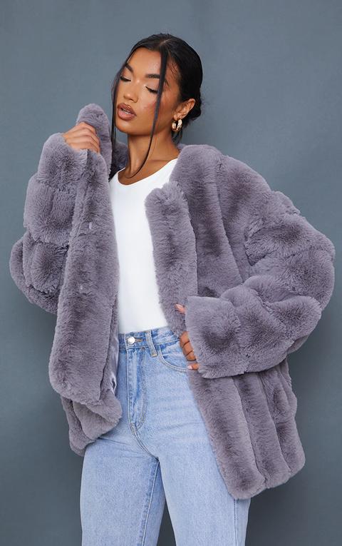 Grey Premium Faux Fur Vertical Bubble Coat