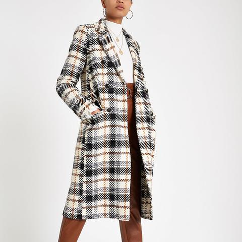 Cream Check Long Sleeve Wool Coat