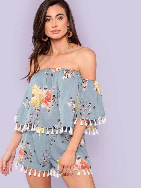Conjunto Top Floral Ribete Con Fleco De Hombros Descubiertos Con Shorts