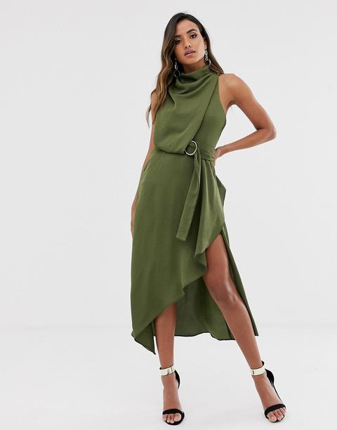 Vestido Midi En Tejido Texturizado Con Cuello Drapeado Y Cinturón Del Mismo Tejido De Asos Design-verde