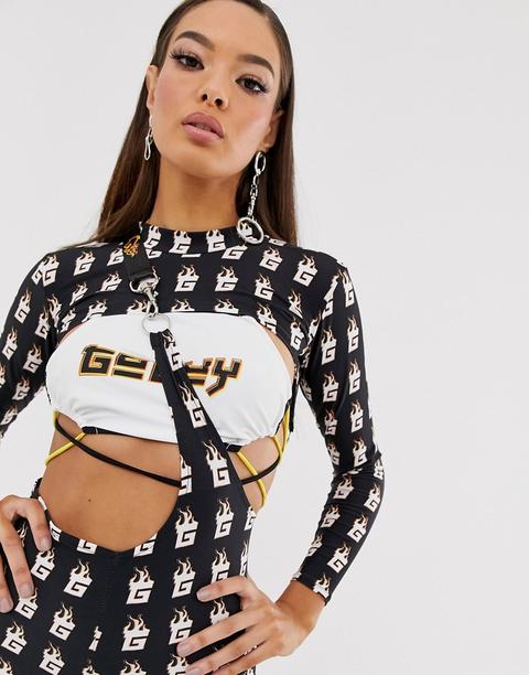 Goguy Super Crop Top With Long Sleeves In Monogram Print-black