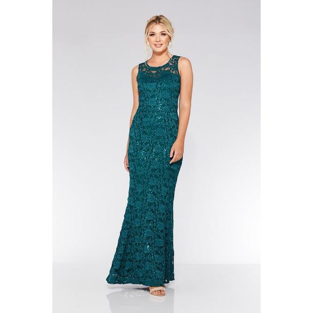 Quiz green bardot embellished sales maxi dress