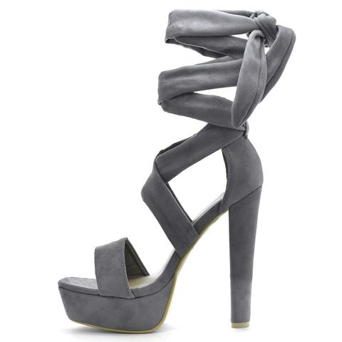 Kassie - Lace Ups Heeled Sandals In Grey Suede