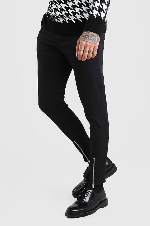 Mens Black Super Skinny Stretch Smart Trousers With Zip Detail, Black