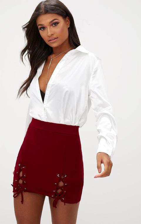 Burgundy Double Split Lace Up Mini Skirt