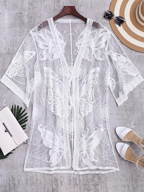 Copertina Sheer Kimono Ricamata Farfalla In Su White