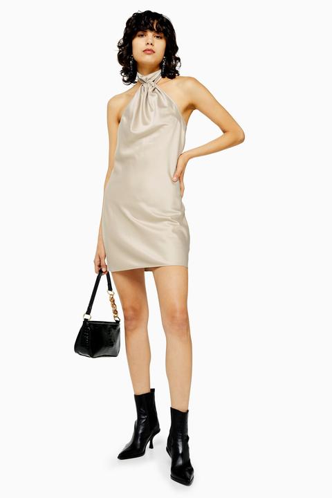Womens Taupe Satin Knot Halter Neck Mini Dress - Taupe, Taupe