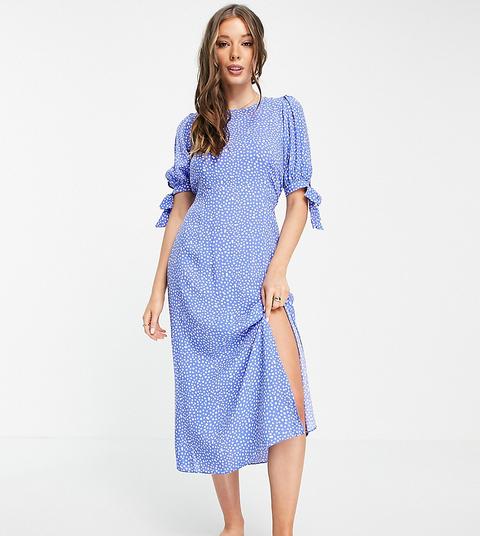 Nobody's Child High Neck Midi Tea Dress In Blue Daisy Spot