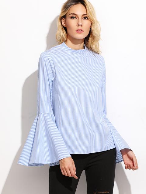 Blue Vertical Striped Keyhole Back Bell Sleeve Blouse