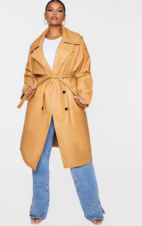 Plus Camel Faux Leather Drop Arm Midi Trench