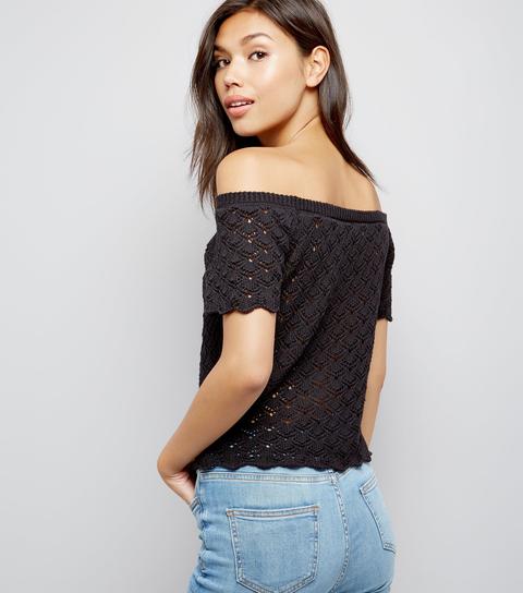 Black Crochet Lace Bardot Neck Top