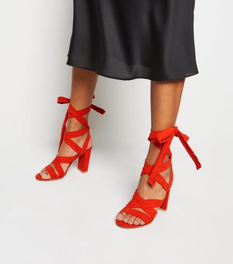 Bright Orange Suedette Ankle Tie Block Heels New Look