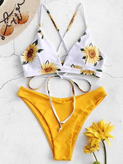 Zaful Bikini Incrociato Con Stampa Girasole Greenish Blue Rubber Ducky Yellow Velvet Maroon Camouflage Green