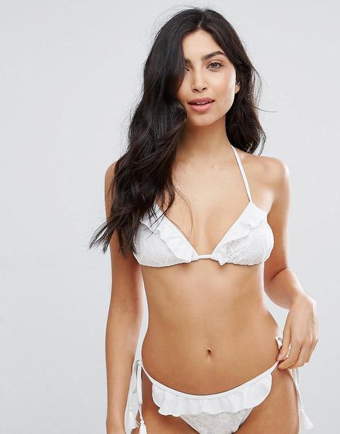 Prettylittlething - Top Bikini Con Volant - Bianco