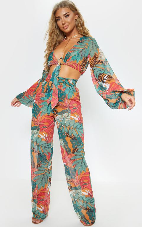 Orange Big Leaf Wide Leg Beach Trousers