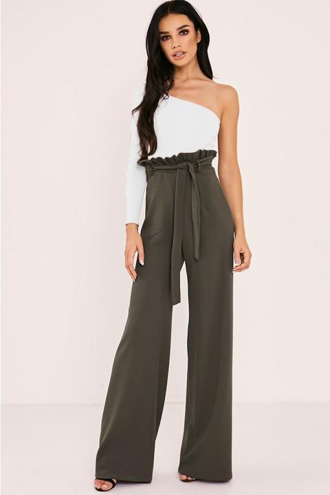 Sarah Ashcroft Khaki Flared High Waisted Paperbag Trousers