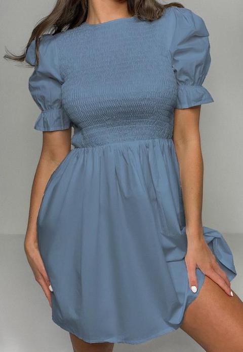 Blue Shirred Bust Frill Sleeve Dress, Blue