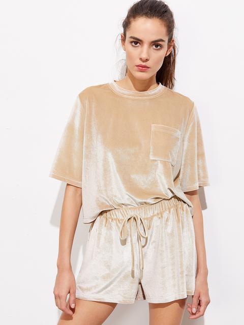 Patch Pocket Front Velvet Tee And Shorts Set
