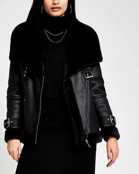 Black Shearling Faux Leather Aviator Coat