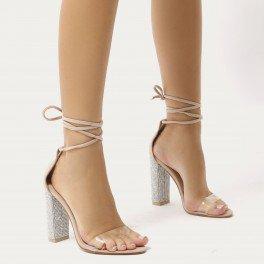 Fatale Diamante Perspex Lace Up Heels In Nude Faux Suede