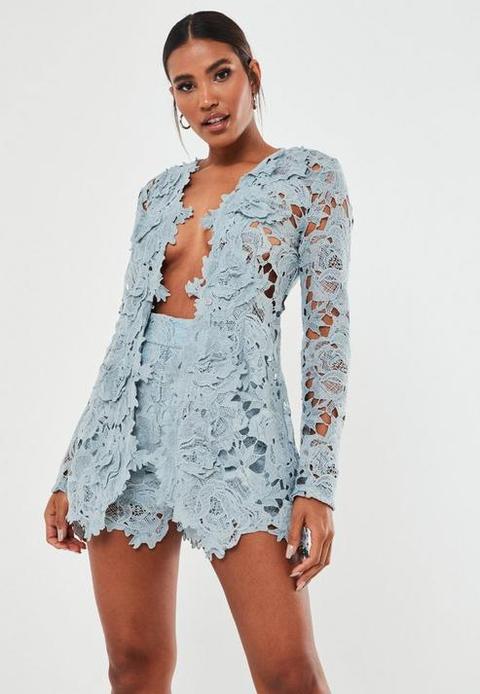 Blue Co Ord Crochet Lace Blazer, Blue