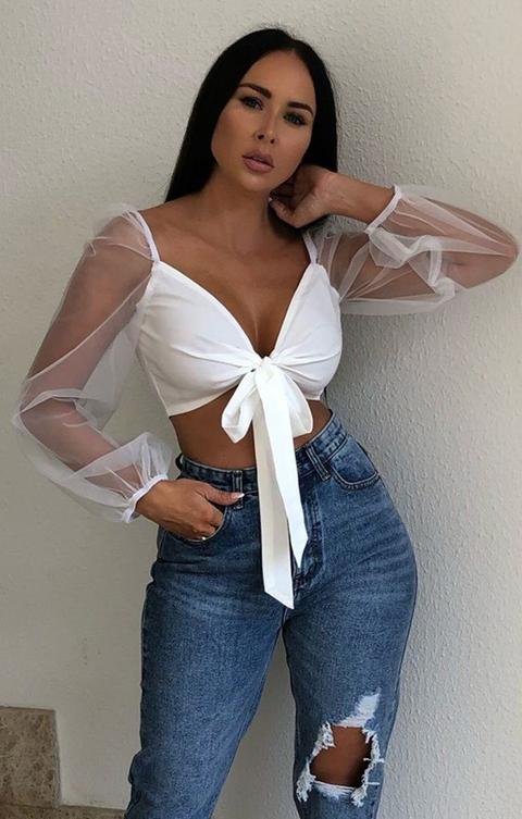 White Tie Front Organza Mesh Sleeve Crop Top - Dash
