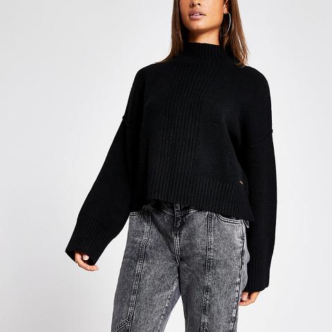 Black High Neck Cropped Knitted Jumper