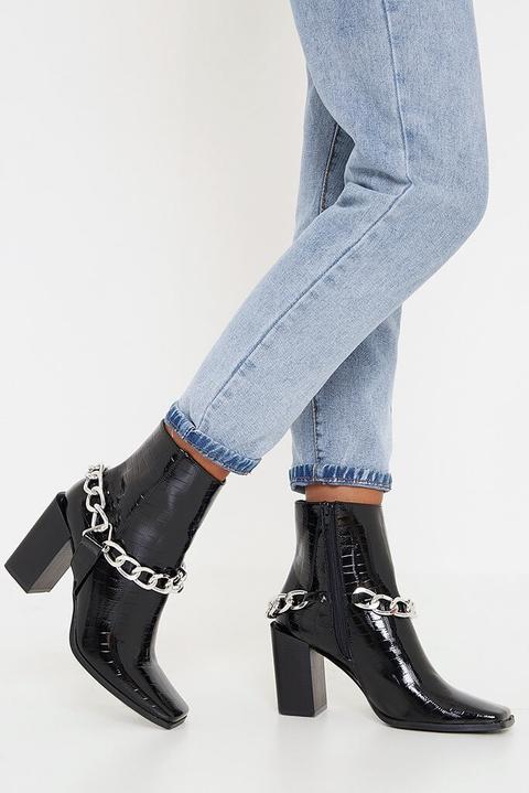 Black Croc Chain Detail Ankle Boot , Black