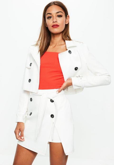 White Cropped Contrast Stitch Jacket, White